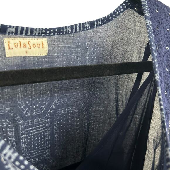 LulaSoul Navy White Printed Short Sleeve Tassel Knee Length Dress Womens Large - Picture 6 of 7